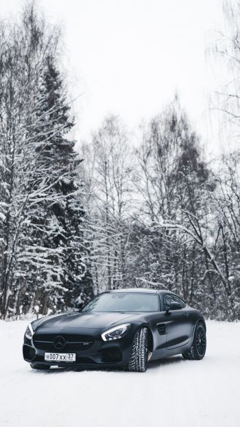 Обои 640x1136 Mercedes-AMG, черное и белое, зима