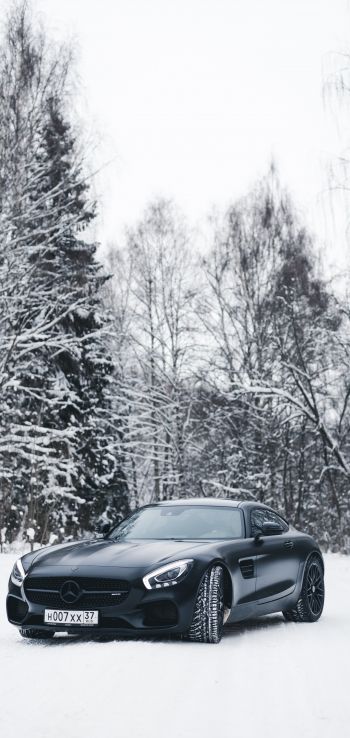 Mercedes-AMG, black and white, winter Wallpaper 1440x3040