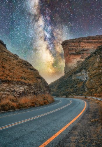 road, night, starry sky Wallpaper 1640x2360