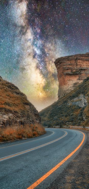 road, night, starry sky Wallpaper 1440x3040