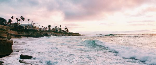 beach, sea foam, sea Wallpaper 3440x1440