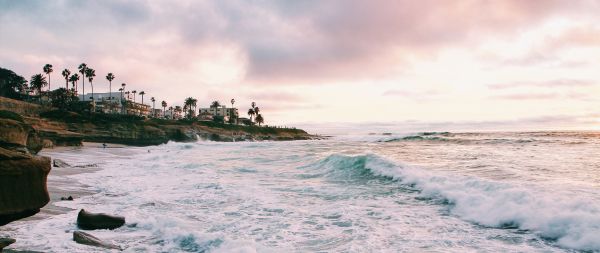 beach, sea foam, sea Wallpaper 2560x1080