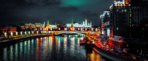 Moskva river, Moscow, Russia Wallpaper 3440x1440