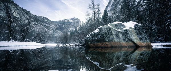 winter, reflection, gray Wallpaper 3440x1440