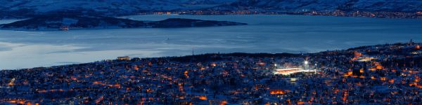 bird's eye view, city, night Wallpaper 1590x400