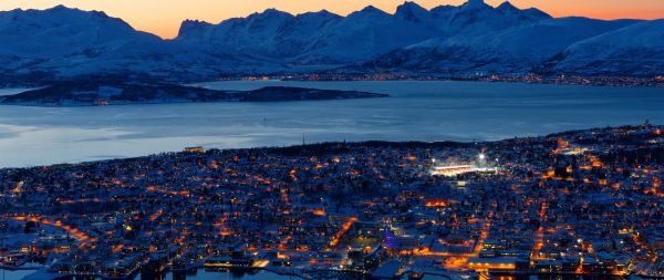 bird's eye view, city, night Wallpaper 2560x1080