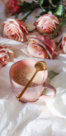 Обои 1440x2960 чашка кофе, эстетика розового