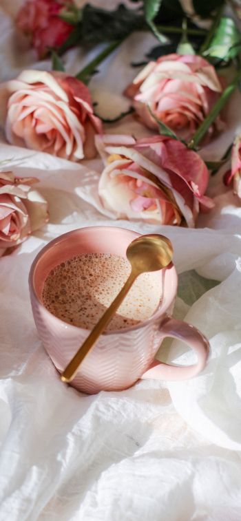 Обои 1242x2688 чашка кофе, эстетика розового