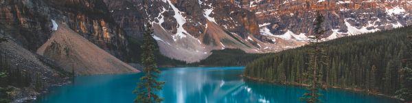 lake moraine, landscape, mountains Wallpaper 1590x400