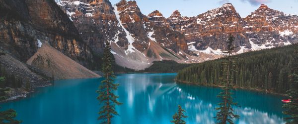 lake moraine, landscape, mountains Wallpaper 3440x1440