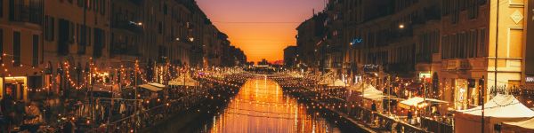 Milan, channel, night Wallpaper 1590x400