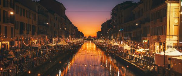 Milan, channel, night Wallpaper 3440x1440