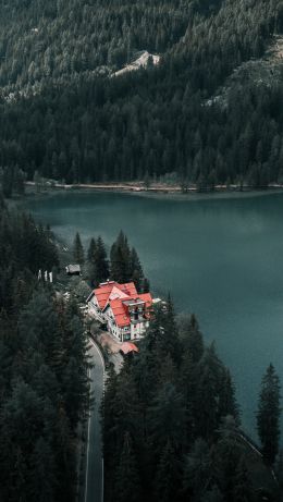 lake house, bird's eye view, green Wallpaper 640x1136