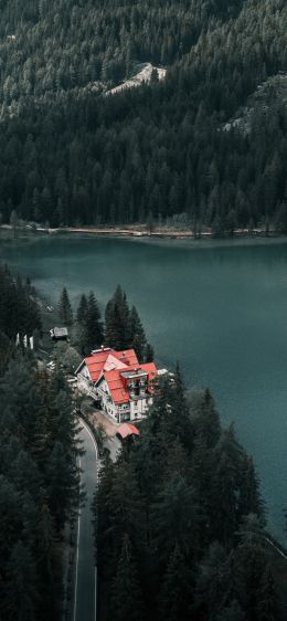 lake house, bird's eye view, green Wallpaper 828x1792