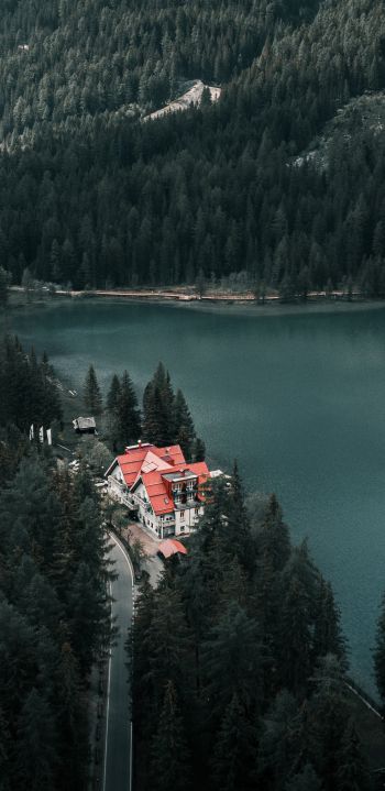 lake house, bird's eye view, green Wallpaper 1080x2220