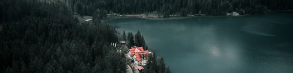 lake house, bird's eye view, green Wallpaper 1590x400