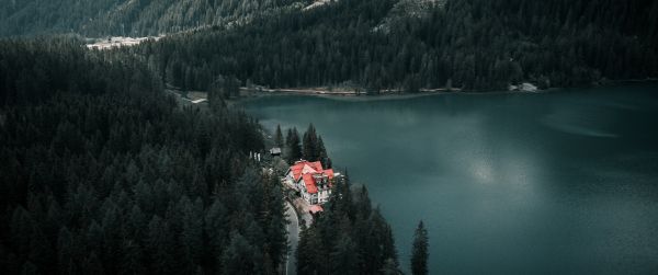 lake house, bird's eye view, green Wallpaper 3440x1440