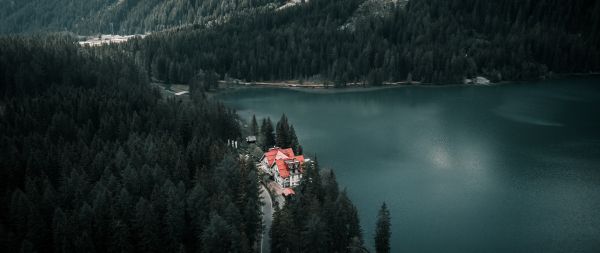 lake house, bird's eye view, green Wallpaper 2560x1080