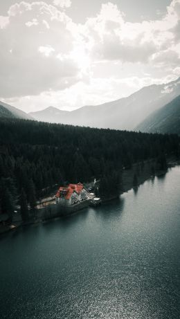 lake house, bird's eye view, green Wallpaper 640x1136