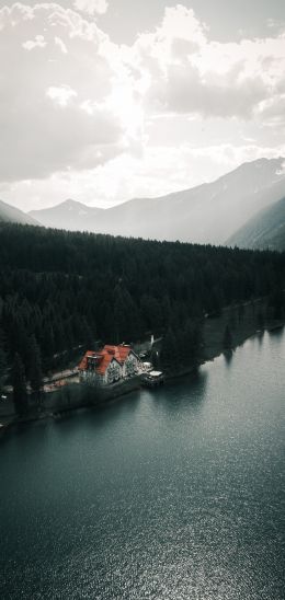 lake house, bird's eye view, green Wallpaper 1080x2280