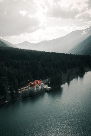 lake house, bird's eye view, green Wallpaper 640x960