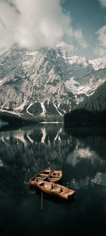 Lake Braies, landscape, mountain Wallpaper 1440x3200