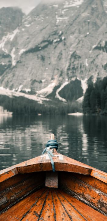 Lake Braies, boat, landscape Wallpaper 1440x2960