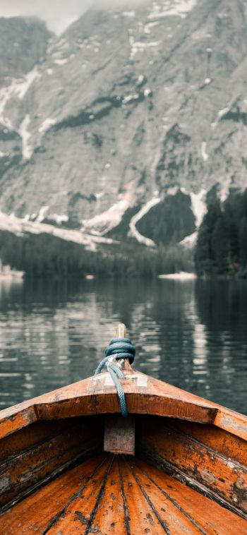 Lake Braies, boat, landscape Wallpaper 1080x2340