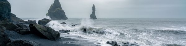 Iceland, sea, waves Wallpaper 1590x400