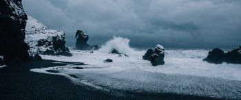 Iceland, sea, waves Wallpaper 3440x1440