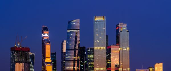 Moscow City, skyscrapers, night Wallpaper 3440x1440