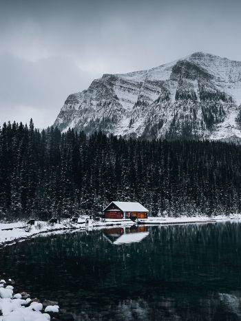 Обои 2048x2732 дом у озера, снег, зима
