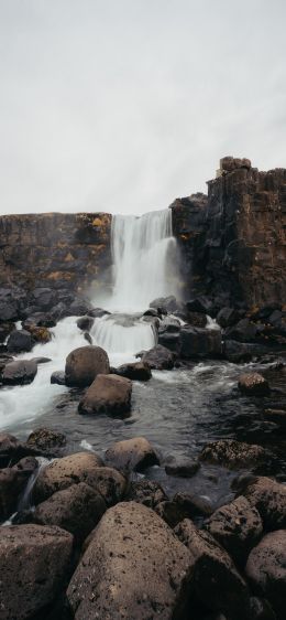 Iceland, waterfall, stones Wallpaper 828x1792