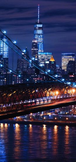 Brooklyn Bridge, New York, night city Wallpaper 1080x2280