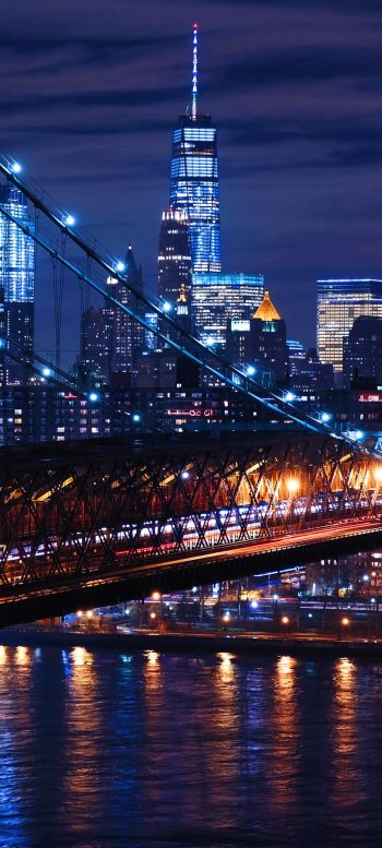 Brooklyn Bridge, New York, night city Wallpaper 1080x2400