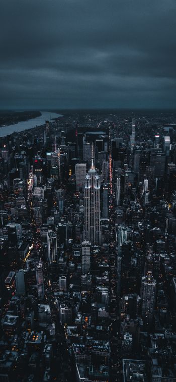 Обои 1125x2436 Нью-Йорк, вид с высоты птичьего полета, ночной город