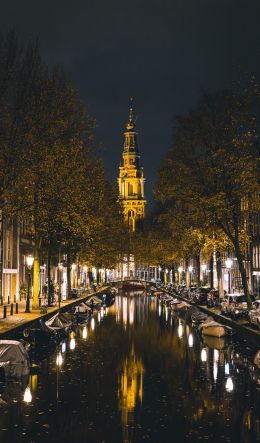 Обои 600x1024 Амстердам, канал, ночной город