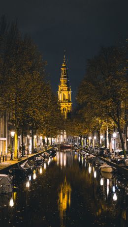 Amsterdam, channel, night city Wallpaper 2160x3840