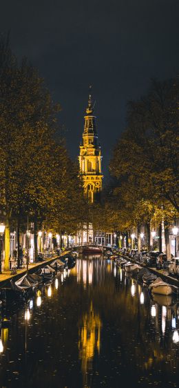 Обои 1170x2532 Амстердам, канал, ночной город