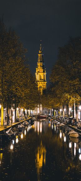 Amsterdam, channel, night city Wallpaper 1440x3200