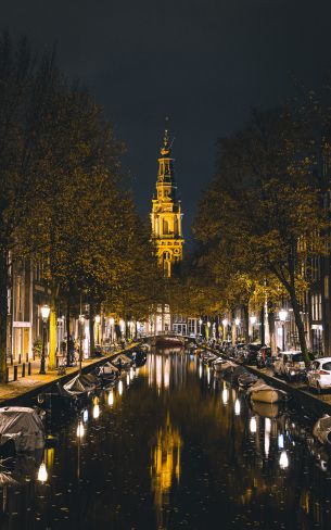 Обои 800x1280 Амстердам, канал, ночной город