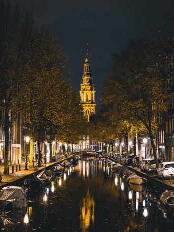 Обои 1620x2160 Амстердам, канал, ночной город