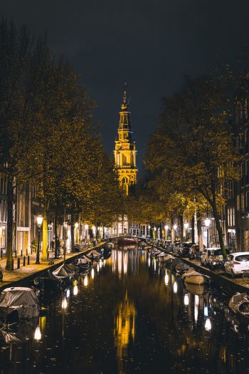 Обои 640x960 Амстердам, канал, ночной город