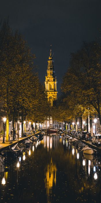Обои 720x1440 Амстердам, канал, ночной город