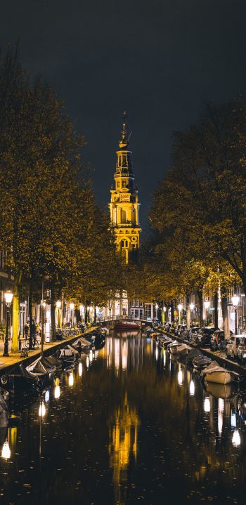 Обои 1440x2960 Амстердам, канал, ночной город