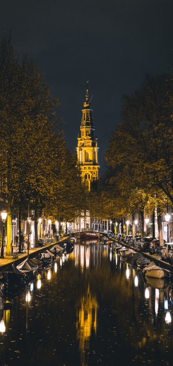 Обои 1440x3040 Амстердам, канал, ночной город