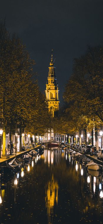 Обои 1080x2340 Амстердам, канал, ночной город