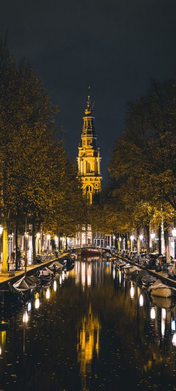 Обои 1080x2400 Амстердам, канал, ночной город