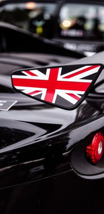 Обои 1440x2960 черный, спортивная машина, флаг Великобритании