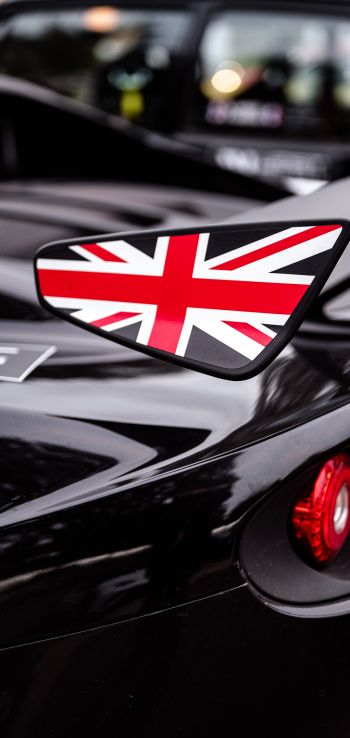 black, sports car, uk flag Wallpaper 1080x2280